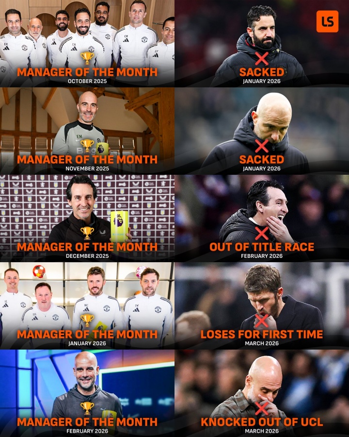 英超月最佳主帅魔咒持续显灵 阿莫林马雷斯卡下课瓜帅欧冠出局