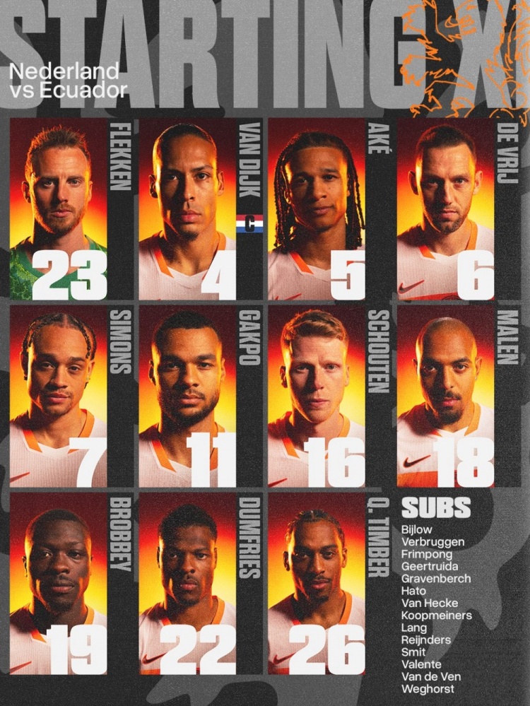 荷兰友谊赛首发：范戴克坐镇防线 加克波西蒙斯领衔攻击线