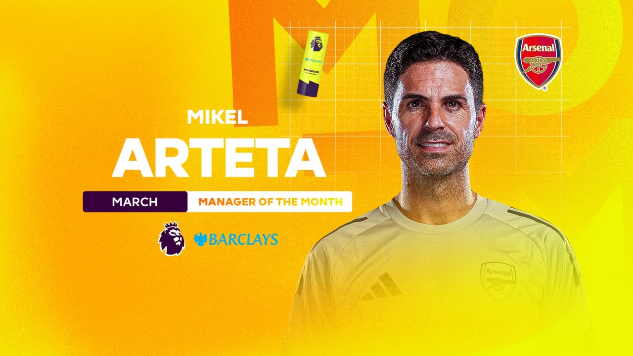 阿尔特塔三月全胜首获月最佳 生涯八次追平奥尼尔雷德克纳普