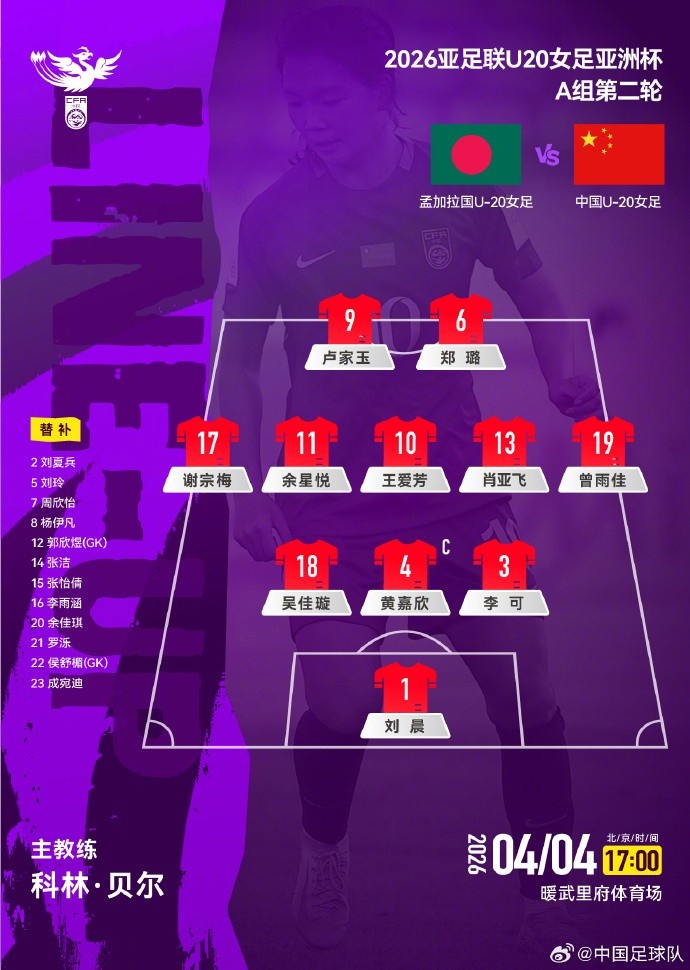 U20女足亚洲杯次轮首发公布 王爱芳领衔中场 卢家玉郑璐双箭头