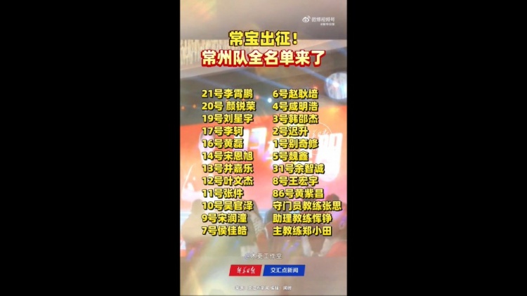 常州队公布苏超联赛名单 黄紫昌连续两年入选