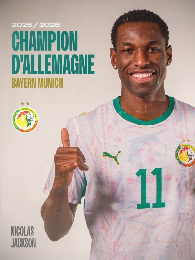 塞内加尔官方祝贺杰克逊随拜仁加冕德甲 非洲杯冠军成员赛季双冠