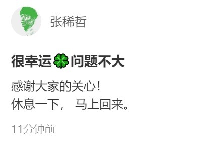 无对抗急停扭伤！张稀哲第9分钟伤退，社媒报平安：很幸运问题不大